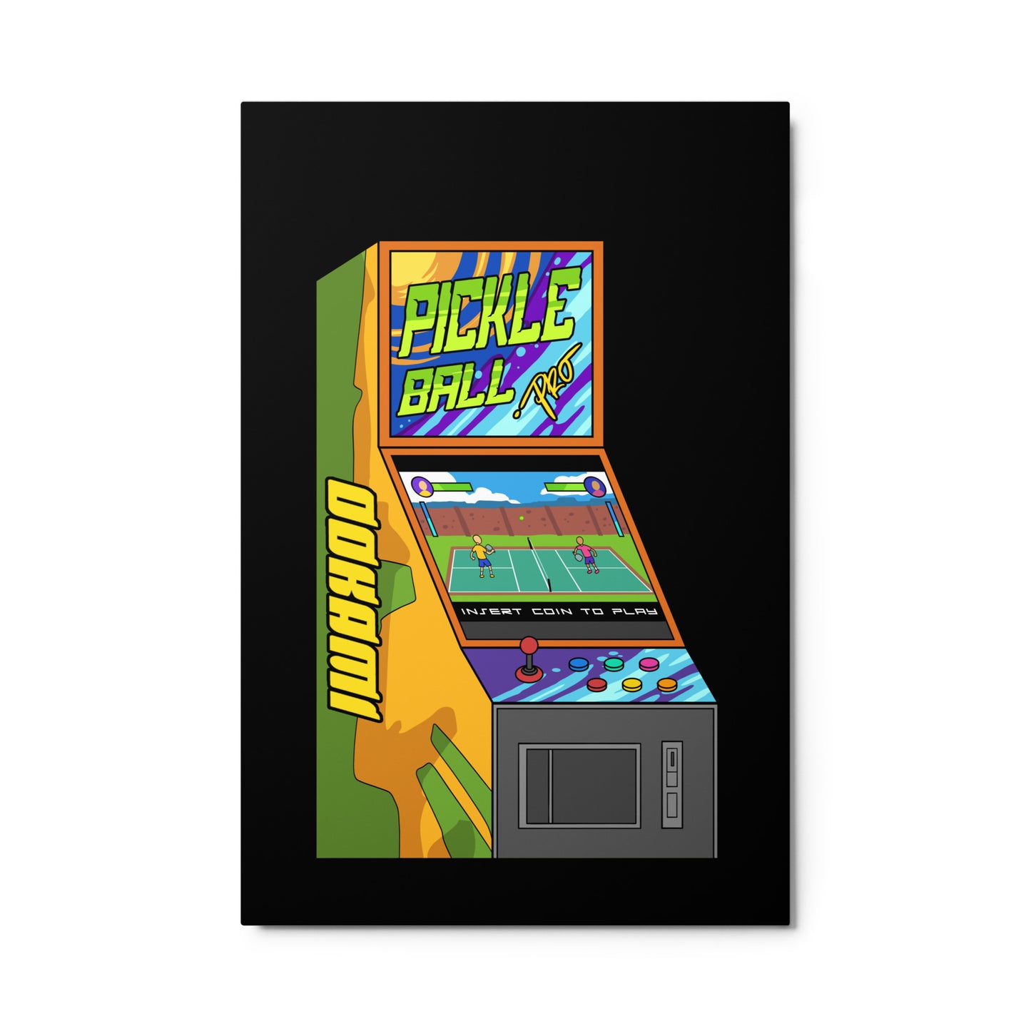 Glossy metal print featuring a vibrant pickleball arcade machine design, 24x36 inches.