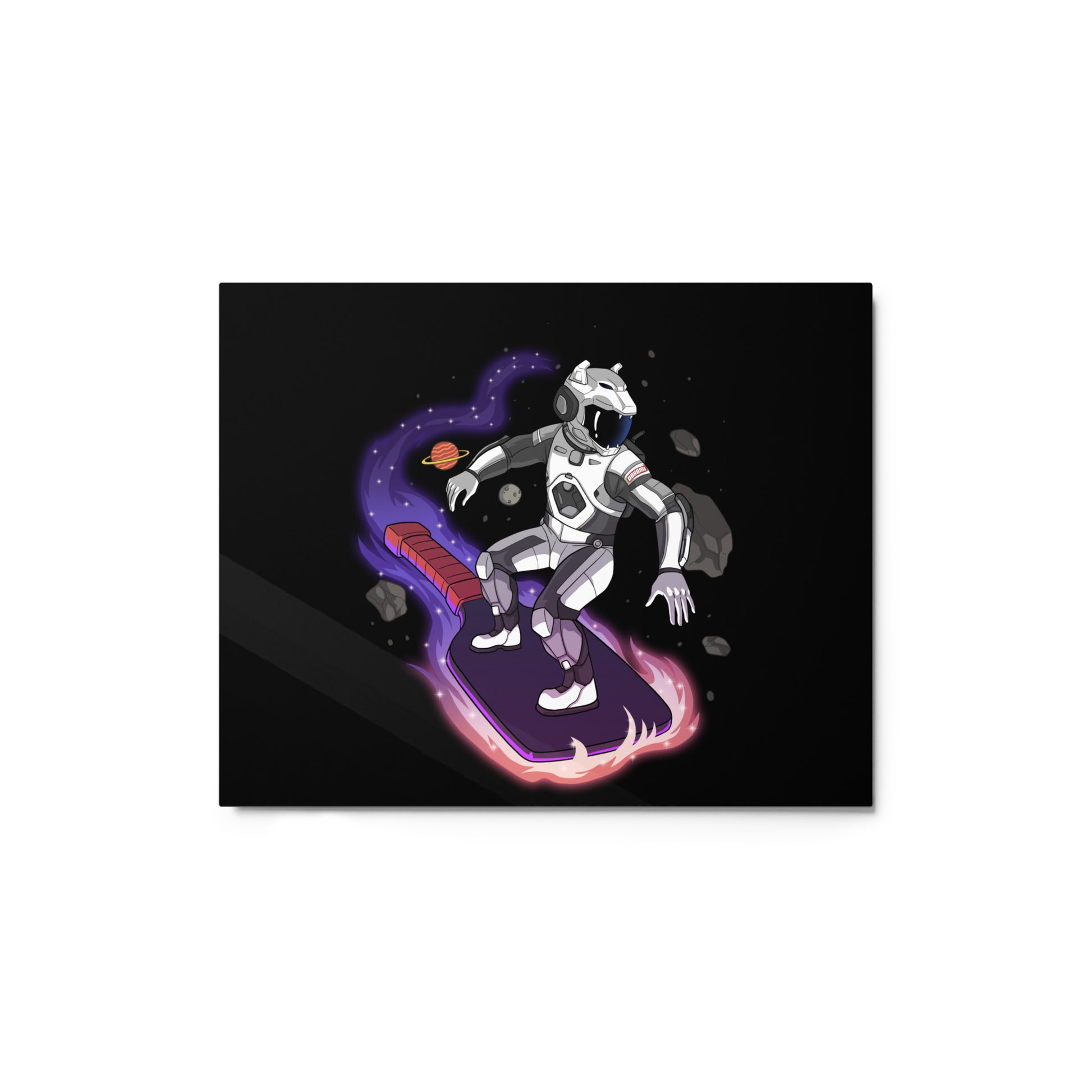 Small glossy metal print of a space-themed artwork showing an astronaut surfing on a pickleball paddle, 8x10 size.