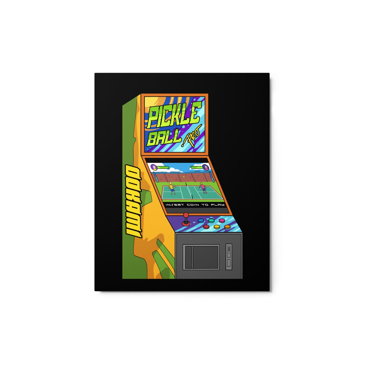 Glossy metal print featuring a vibrant pickleball arcade machine design, 8x10 inches.