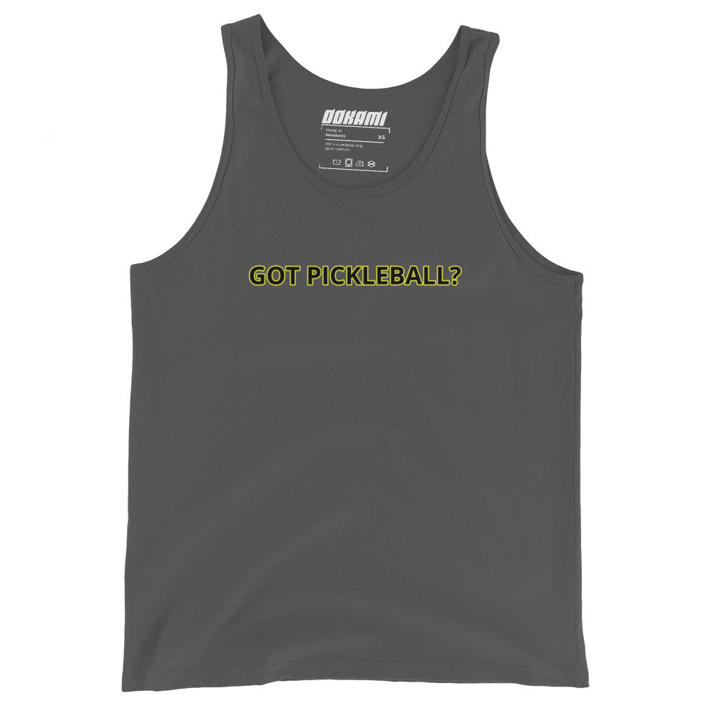 Got Pickleball? Tank Top from OOKAMI SPORTS in asphalt, featuring the slogan 'GOT PICKLEBALL?' on the chest