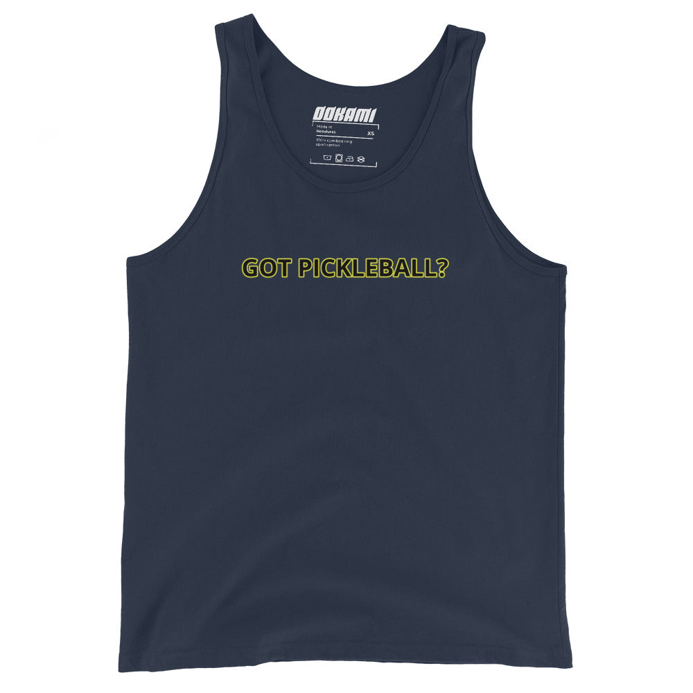 "Got Pickleball? Tank Top from OOKAMI SPORTS in navy, featuring the slogan 'GOT PICKLEBALL?' on the chest.