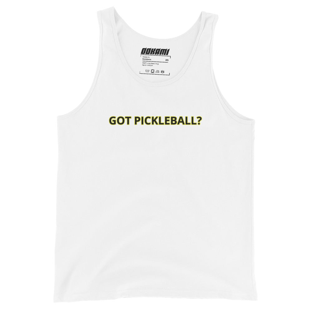 Got Pickleball? Tank Top from OOKAMI SPORTS in white, featuring the slogan 'GOT PICKLEBALL?' on the chest.