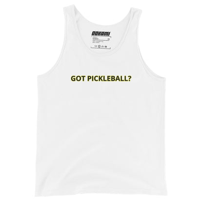 Got Pickleball? Tank Top from OOKAMI SPORTS in white, featuring the slogan 'GOT PICKLEBALL?' on the chest.