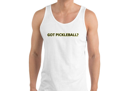 Model wearing the Got Pickleball? Tank Top from OOKAMI SPORTS in white, featuring the slogan 'GOT PICKLEBALL?' on the chest.