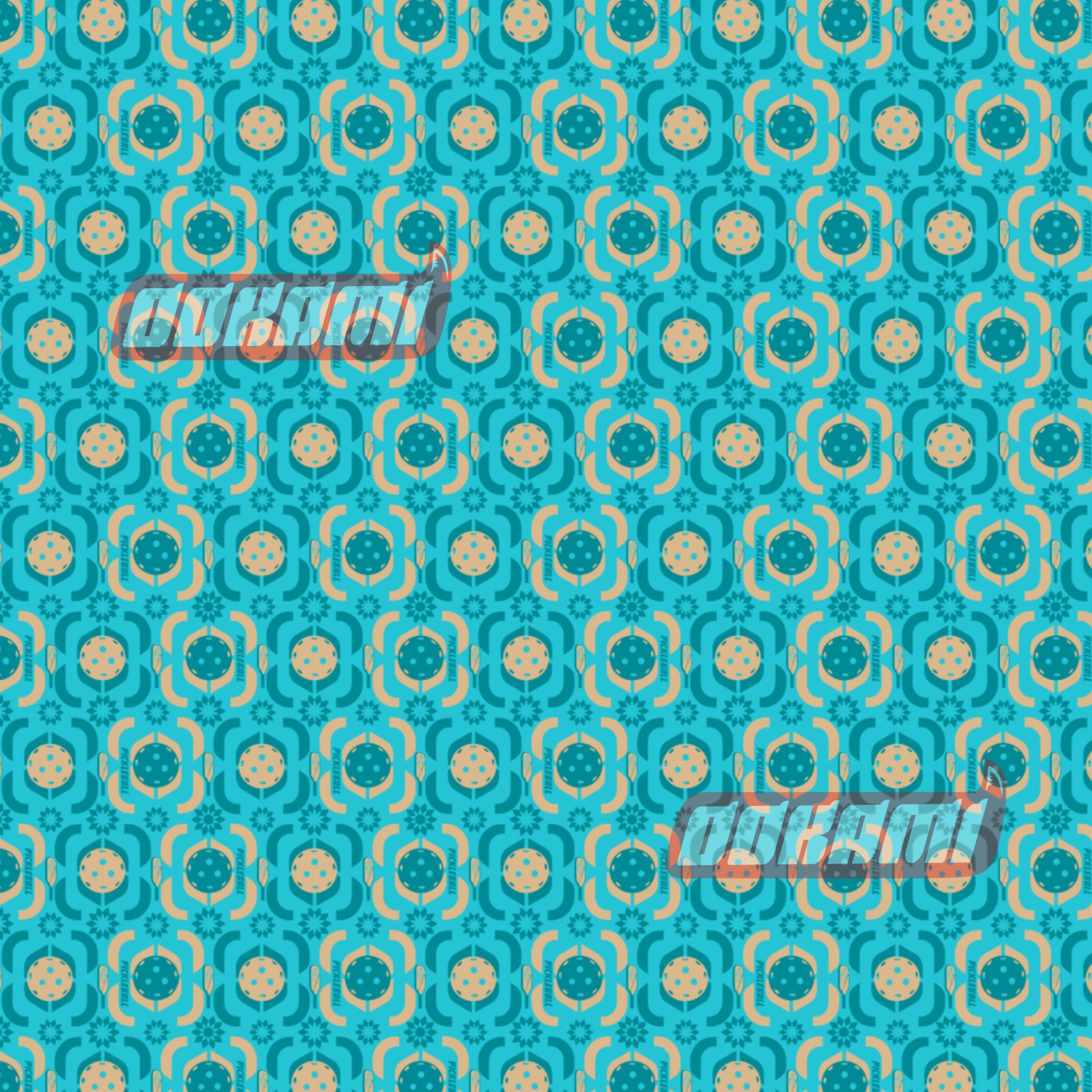 Seamless pattern featuring an array of pickleball paddles and balls in shades of turquoise and orange, set against a bright turquoise background. The design is vibrant and playful, emphasizing the sporty and dynamic nature of pickleball