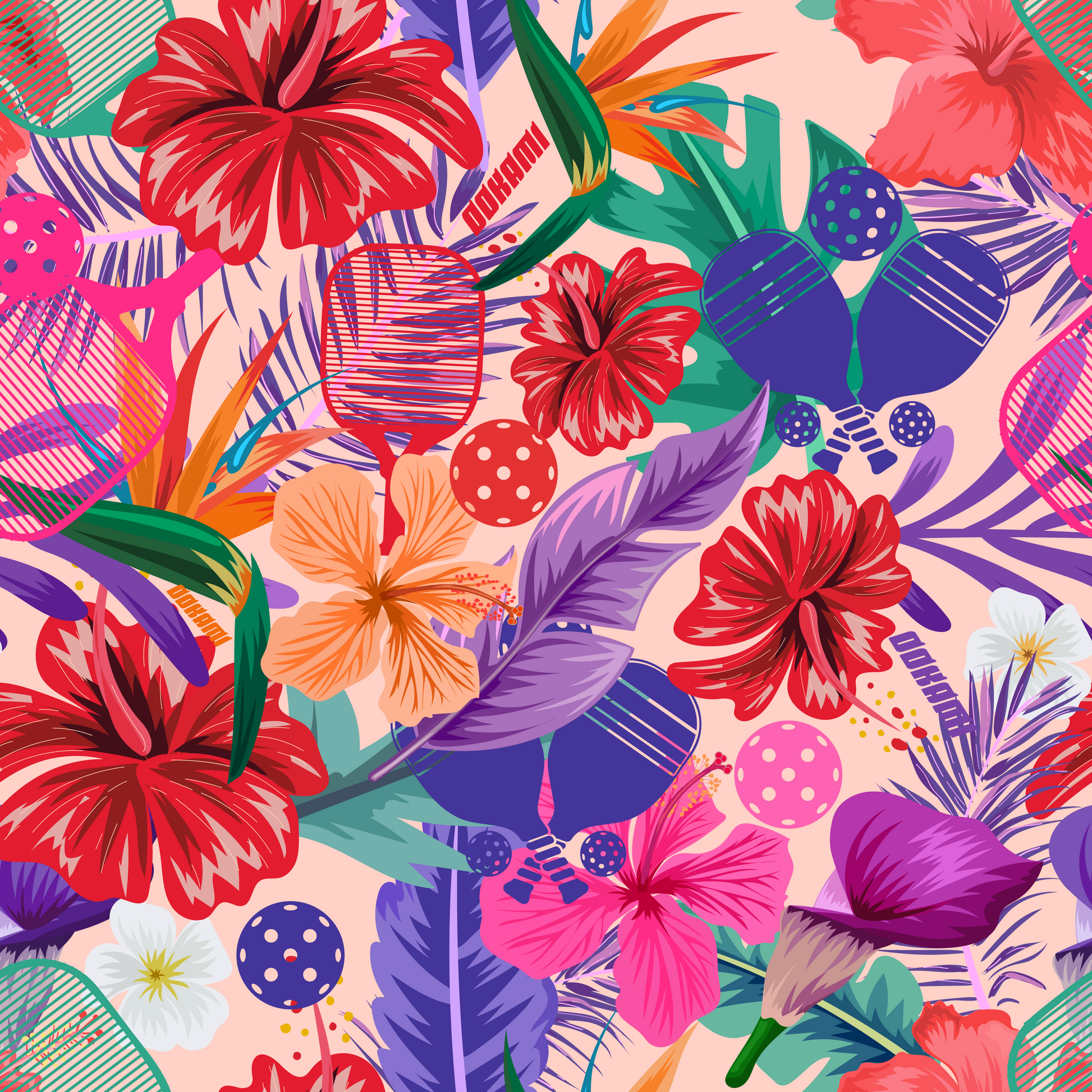 Vibrant tropical floral and pickleball paddle pattern for the Tropical Oasis Women's Pickleball Performance Shirt on OOKAMI SPORTS. Features bold red, pink, and purple flowers mixed with colorful pickleball paddles on a light pink background.