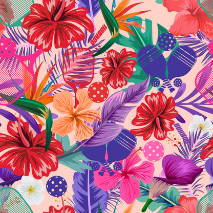 Vibrant tropical floral and pickleball paddle pattern for the Tropical Oasis Women's Pickleball Performance Shirt on OOKAMI SPORTS. Features bold red, pink, and purple flowers mixed with colorful pickleball paddles on a light pink background.