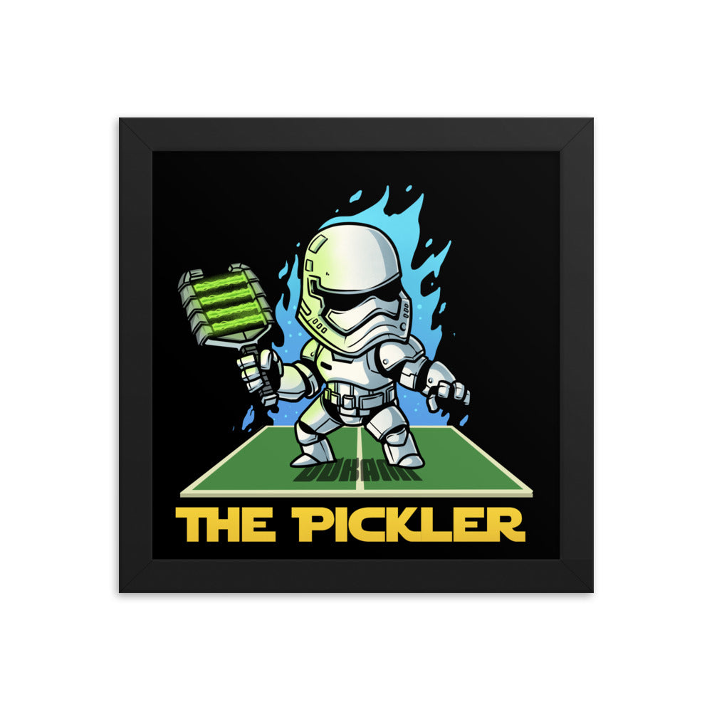 0x10 framed poster showcasing 'The Pickler Stormtrooper', a sporty and galactic-themed artwork, encased in a black frame.