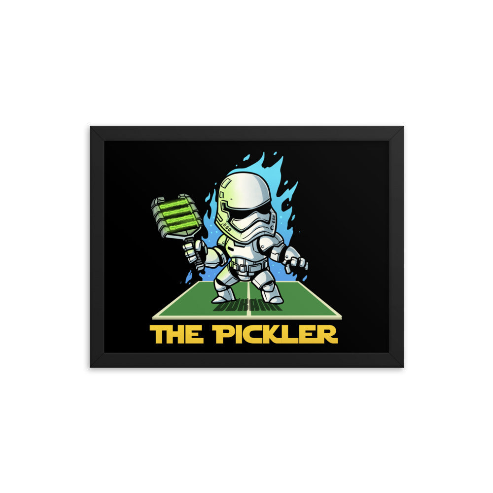 12x16 framed poster featuring 'The Pickler Stormtrooper' ready to play, with vivid colors and dynamic pose, within a minimalist black frame.