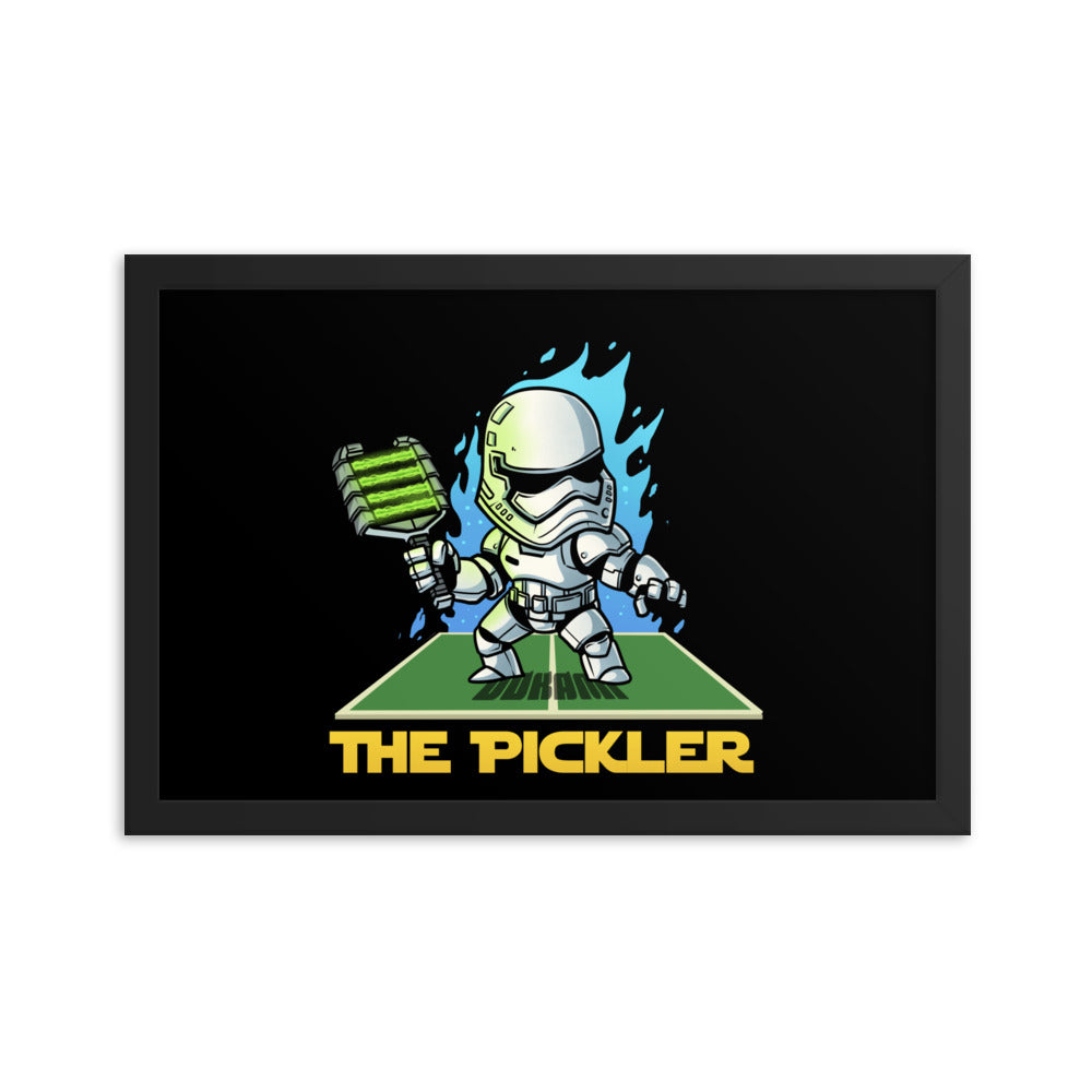 12x18 framed poster of 'The Pickler Stormtrooper' in action, a stormtrooper playing pickleball, framed beautifully in black.