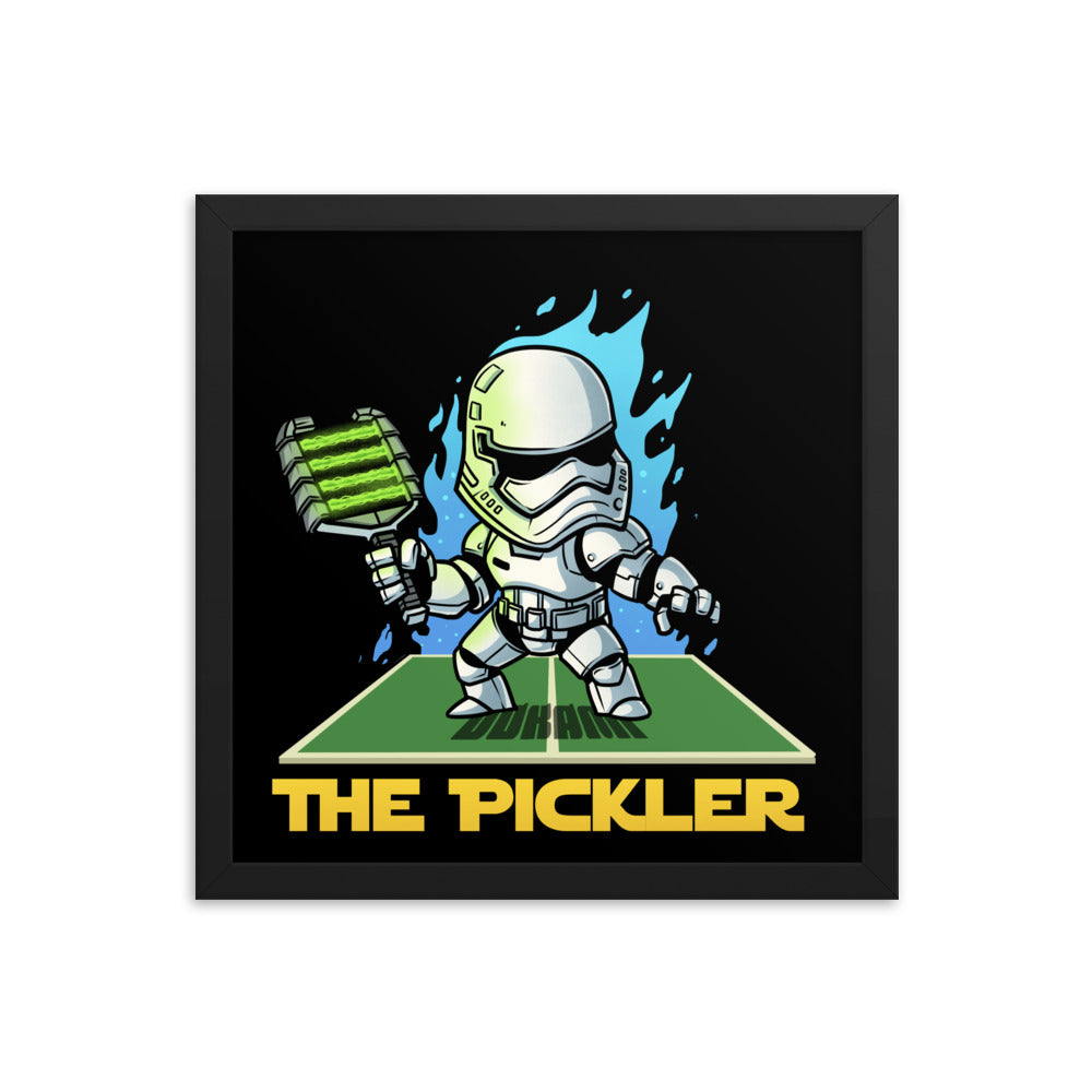 14x14 framed poster showing 'The Pickler Stormtrooper', a pickleball-playing stormtrooper on a court, encased in a classic black frame