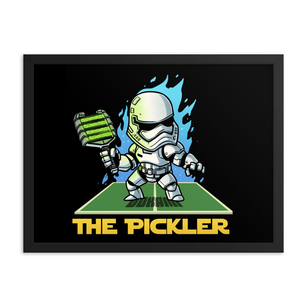 18x24 inch large framed poster of 'THE PICKLER', featuring a stormtrooper character on a pickleball court, creatively framed in black for dramatic effect.