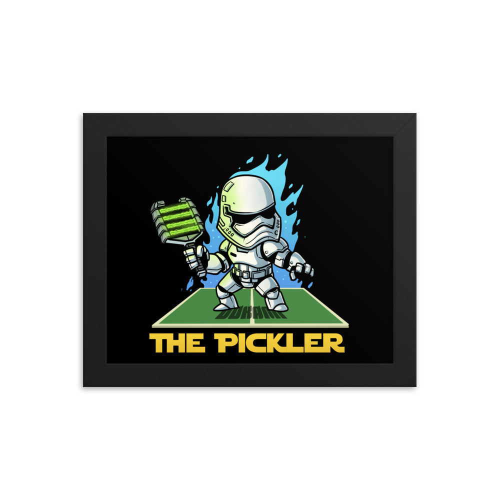 8x10 framed poster of 'The Pickler Stormtrooper', ideal for small spaces, featuring a stormtrooper with a pickleball paddle in a black frame.