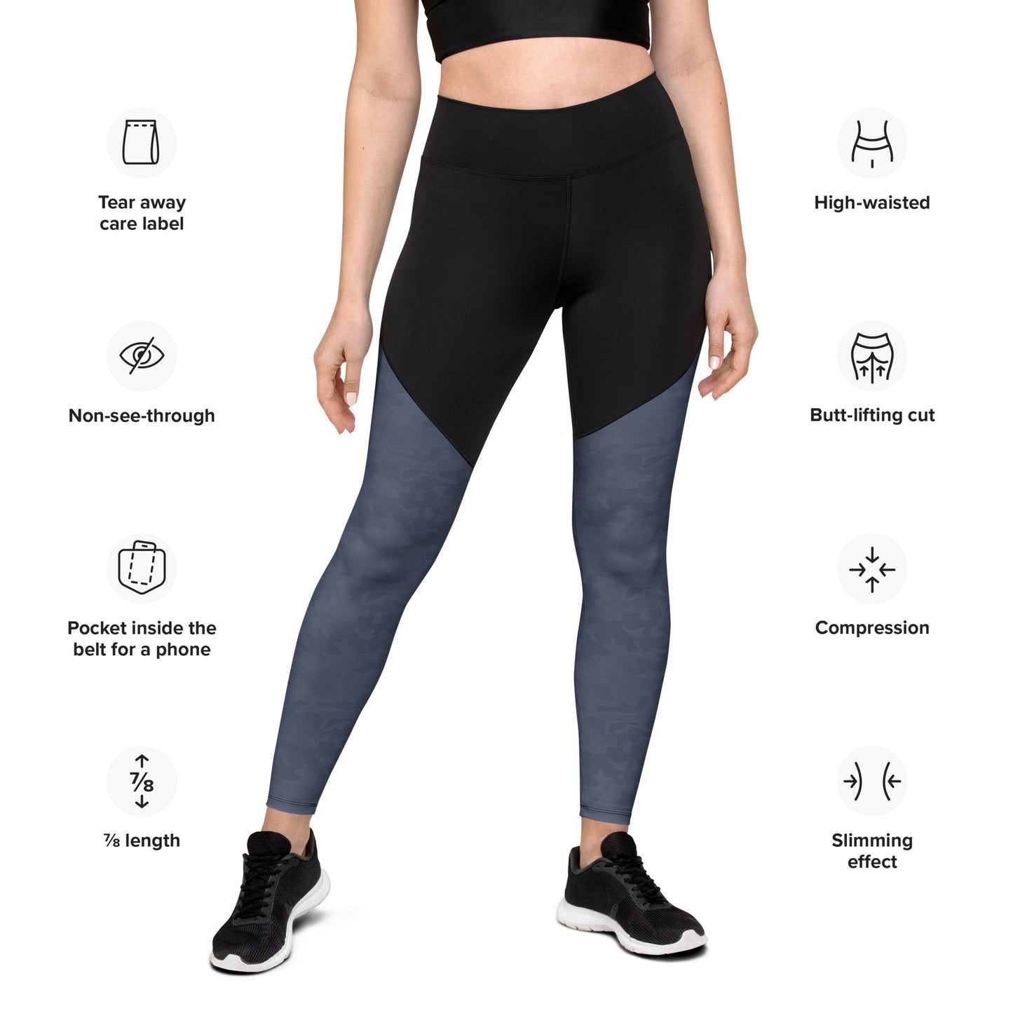  Front view of a woman wearing Urban Gray Camo Pickleball Sports Leggings with feature icons, highlighting the tear-away care label, non-see-through fabric, high-waisted design, butt-lifting cut, compression support, and a pocket inside the belt suitable for a phone.