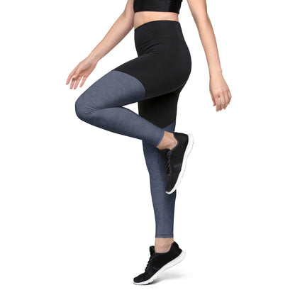Side view of a woman wearing Urban Gray Camo Pickleball Sports Leggings, highlighting the compression fit, high-waisted design, and stylish urban gray camouflage print.