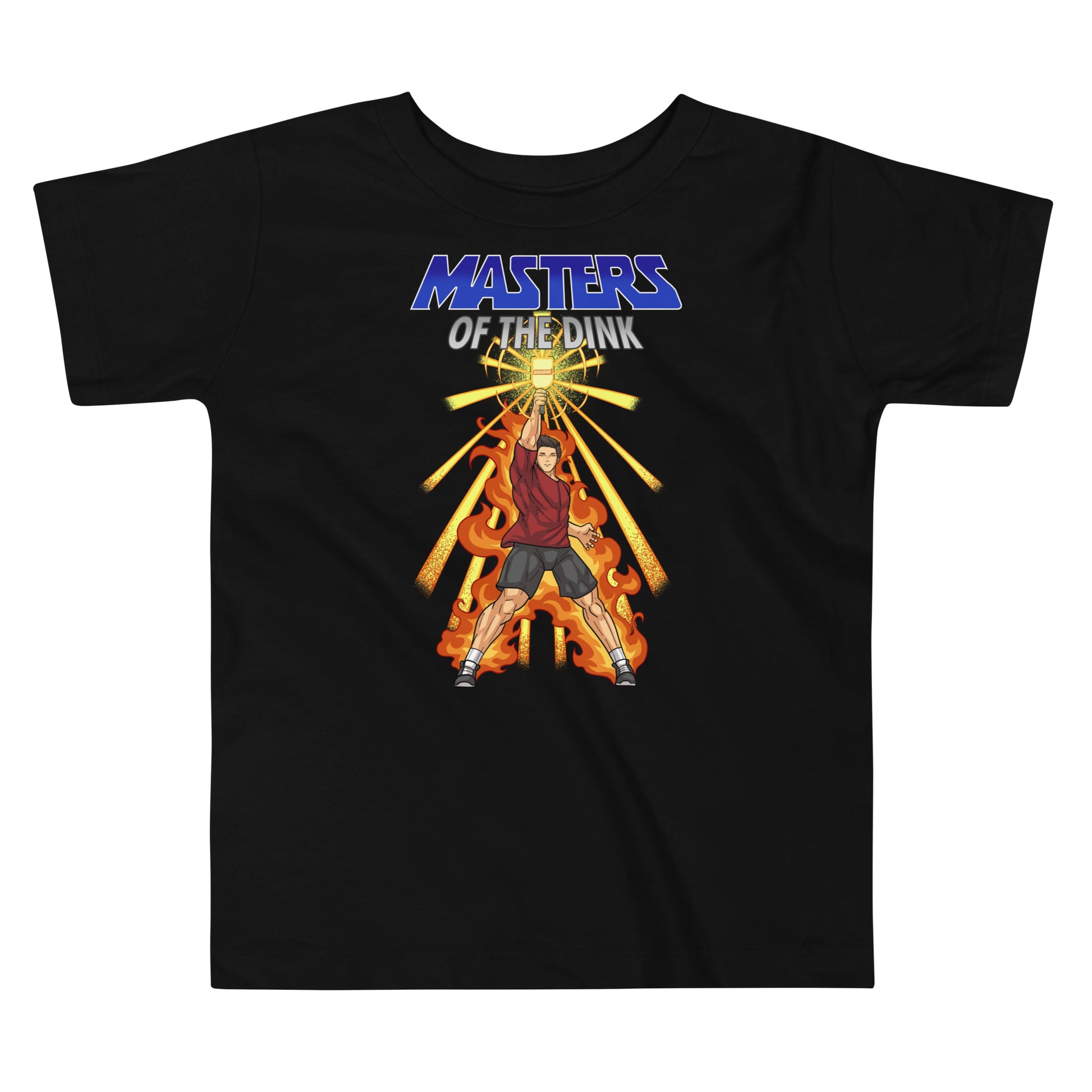 Black toddler t-shirt featuring a 'Masters of the Dink' design inspired by Masters of the Universe, showing a heroic figure holding a pickleball paddle with flames and energy beams.
