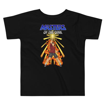 Black toddler t-shirt featuring a 'Masters of the Dink' design inspired by Masters of the Universe, showing a heroic figure holding a pickleball paddle with flames and energy beams.