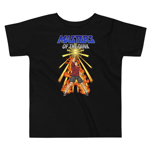 Black toddler t-shirt featuring a 'Masters of the Dink' design inspired by Masters of the Universe, showing a heroic figure holding a pickleball paddle with flames and energy beams.