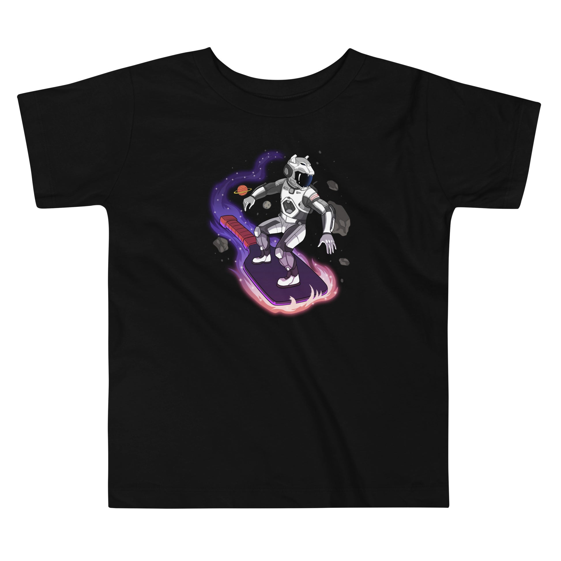 Black toddler t-shirt showcasing a playful space surfer design, available in sizes 2T-5T