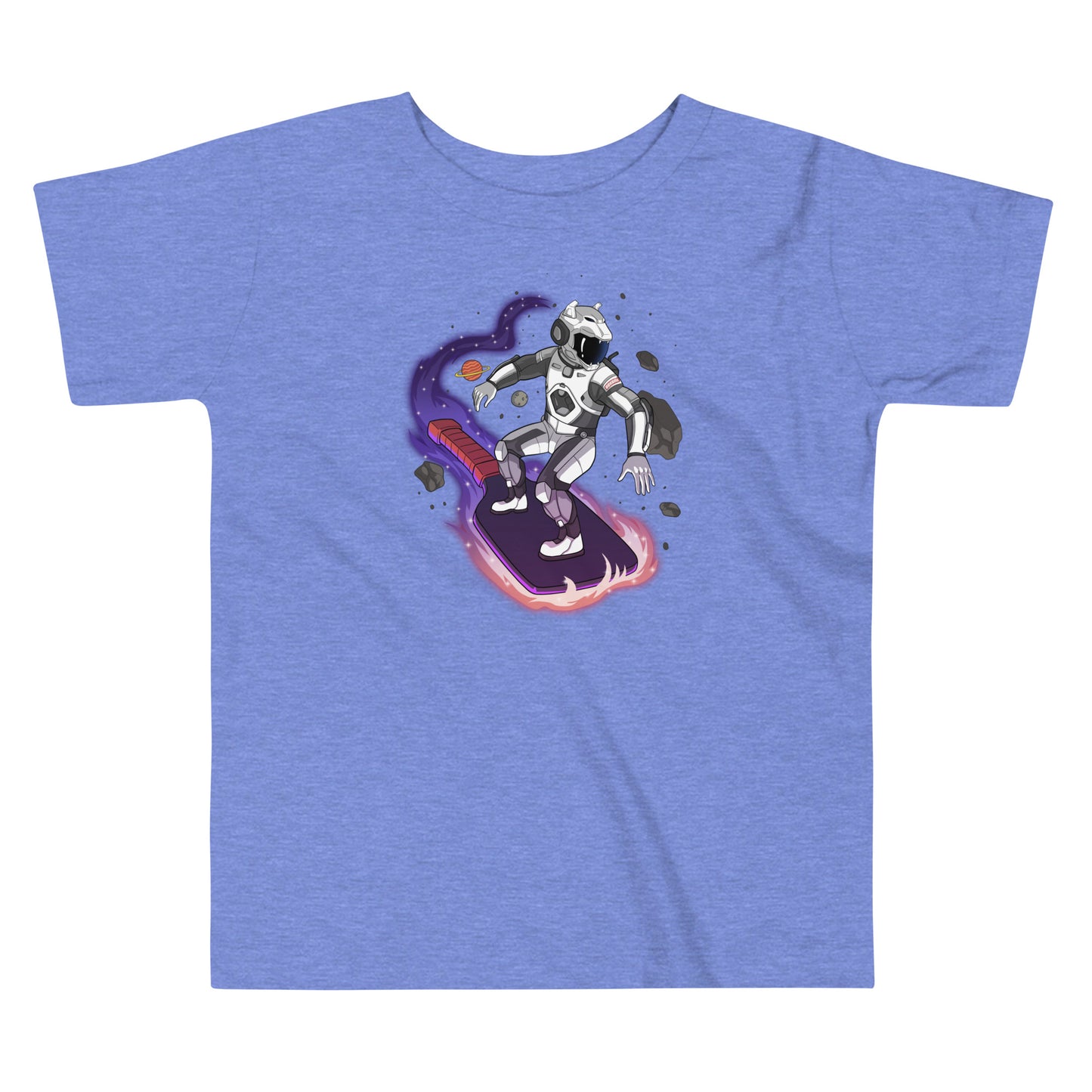 Heather Columbia Blue toddler t-shirt with a vibrant space surfer design, available in sizes 2T-5T