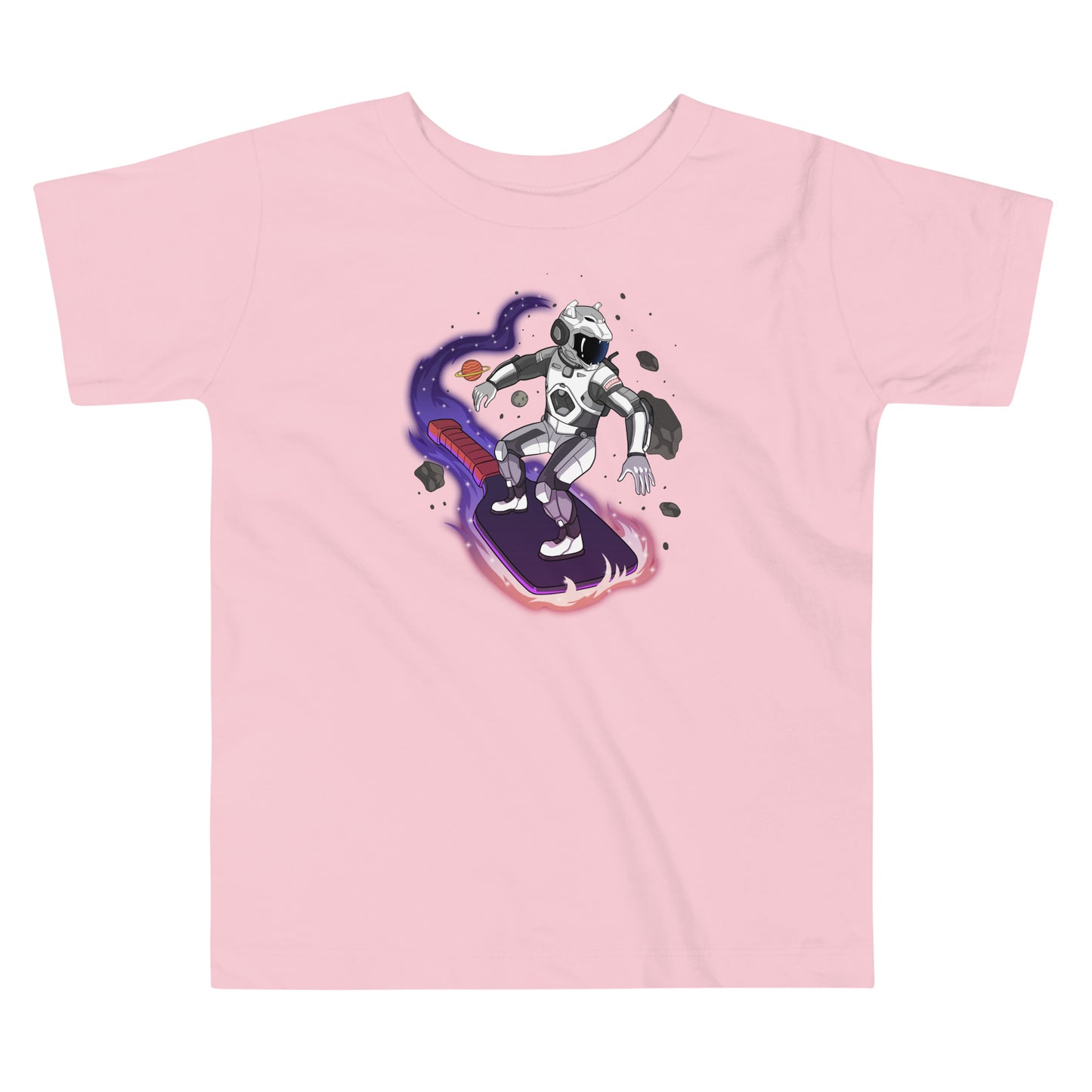 Pink toddler t-shirt featuring a colorful space surfer design, available in sizes 2T-5T
