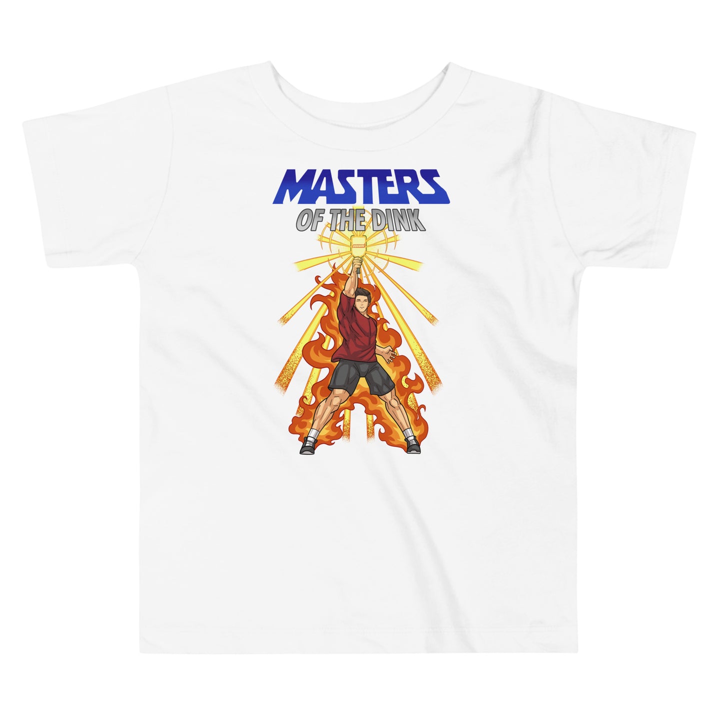 White toddler t-shirt featuring a 'Masters of the Dink' design inspired by Masters of the Universe, showing a heroic figure holding a pickleball paddle with flames and energy beams.
