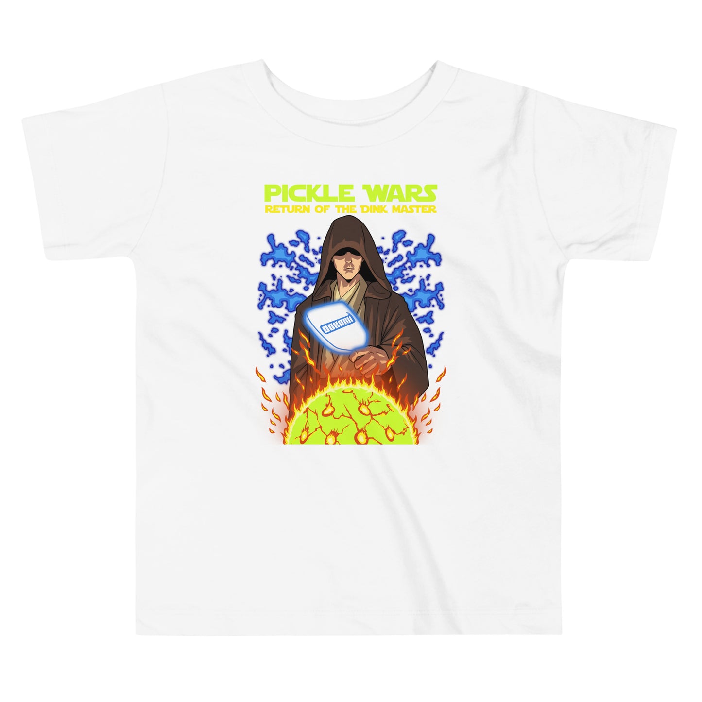 Front view of the white "Pickle Wars" toddler t-shirt featuring a Jedi holding a pickleball paddle with fiery and electric effects.