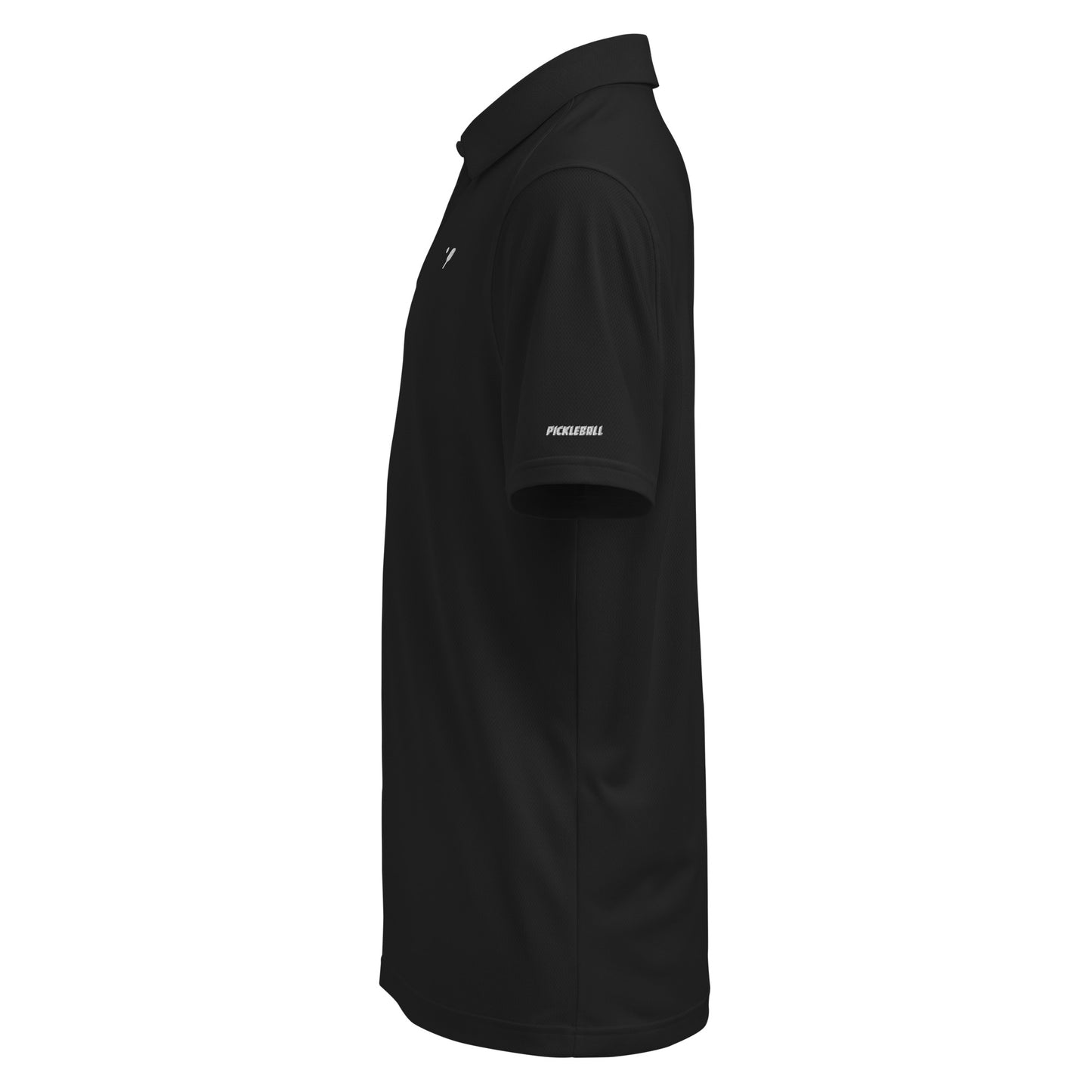 Side view of a black Under Armour® Men's Performance Polo showing the OOKAMI SPORTS Pickleball embroidery on the sleeve for a unique look.
