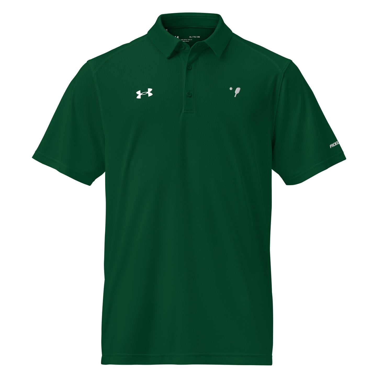 Front view of a green Under Armour® Men's Performance Polo, showcasing the embroidery of the OOKAMI SPORTS Pickleball logo on the left chest.