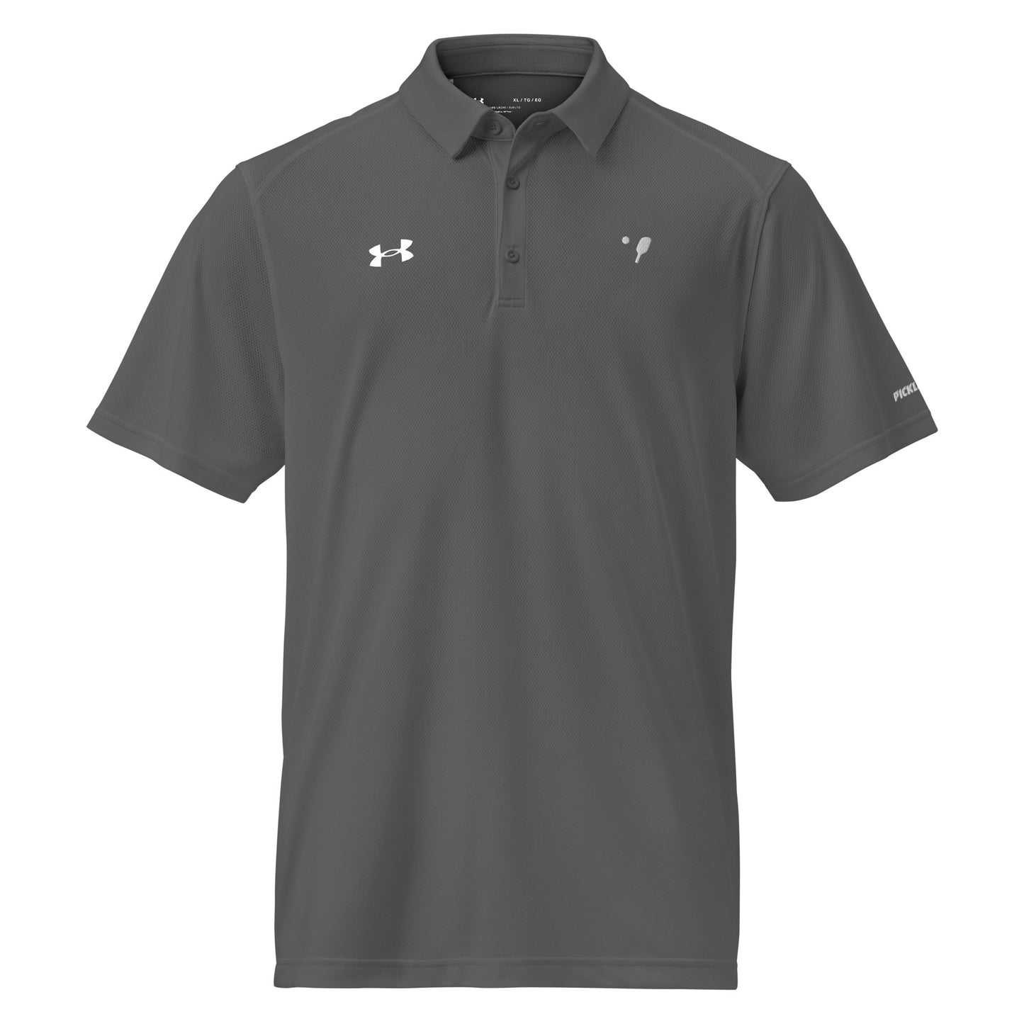 Front view of a gray Under Armour® Men's Performance Polo with the OOKAMI SPORTS Pickleball logo on the chest, highlighting its sporty and sleek design.