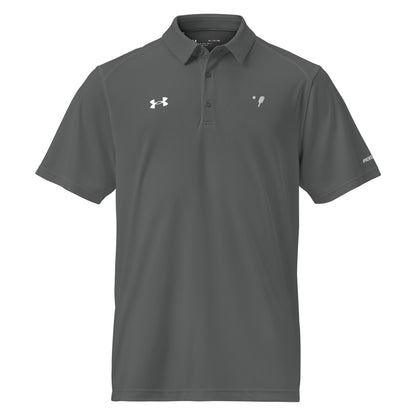 Front view of a gray Under Armour® Men's Performance Polo with the OOKAMI SPORTS Pickleball logo on the chest, highlighting its sporty and sleek design.