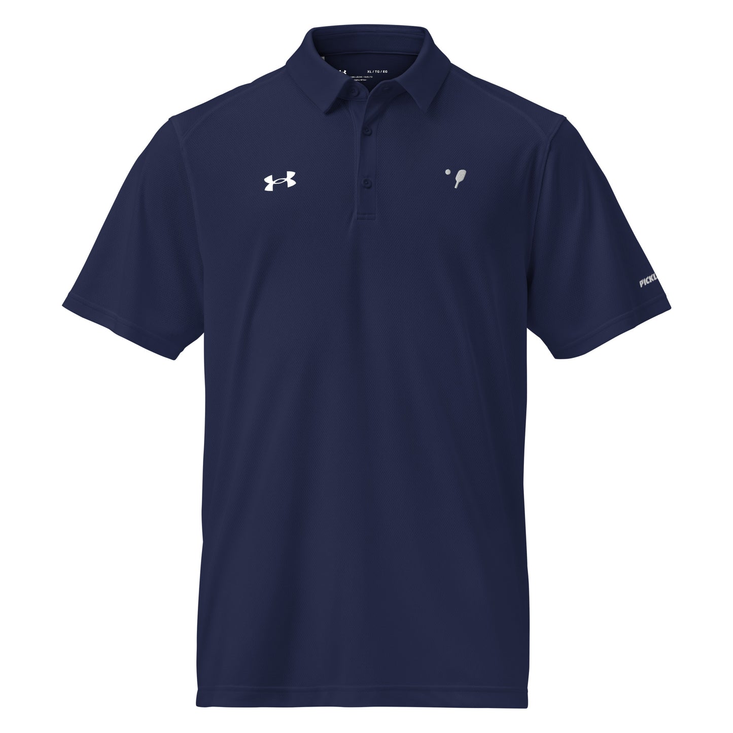 Front view of a navy Under Armour® Men's Performance Polo, emphasizing the stylish OOKAMI SPORTS Pickleball logo on the chest.