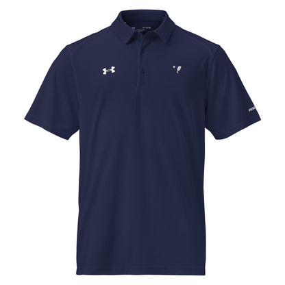 Front view of a navy Under Armour® Men's Performance Polo, emphasizing the stylish OOKAMI SPORTS Pickleball logo on the chest.