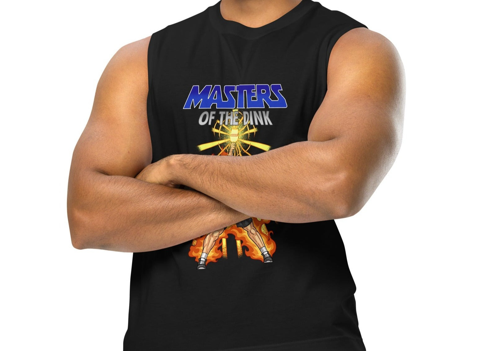 Model wearing the Masters of the Dink Tank from OOKAMI SPORTS, featuring a powerful graphic inspired by Masters of the Universe.