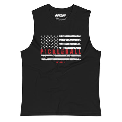 1965 American Flag Pickleball Tank from OOKAMI SPORTS, showing a distressed American flag graphic with 'PICKLEBALL' text in red.