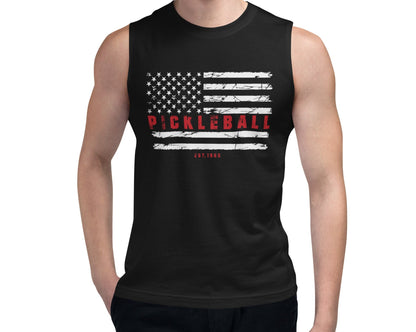 Model wearing the 1965 American Flag Pickleball Tank from OOKAMI SPORTS, featuring a distressed American flag graphic with 'PICKLEBALL' text in red.