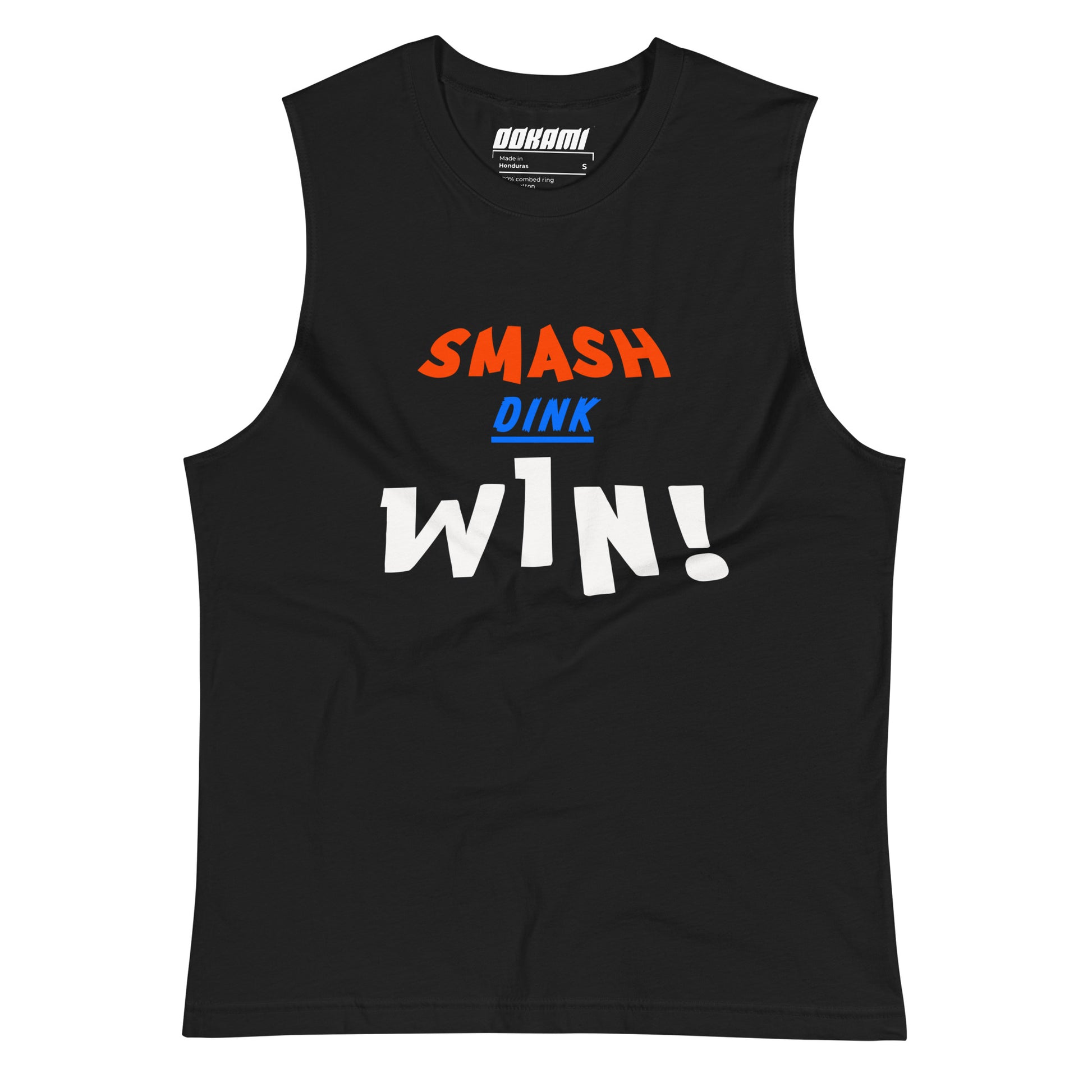 Unisex Smash Dink Win Pickleball Tank from OOKAMI SPORTS, showing bold 'SMASH,' 'DINK,' and 'WIN' text in vibrant colors.