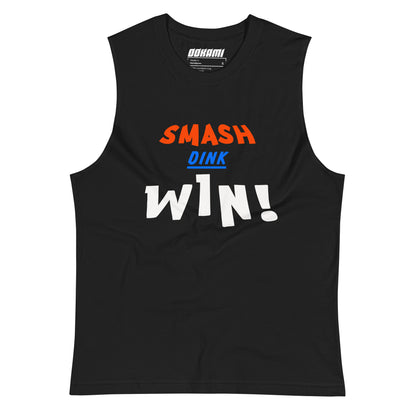 Unisex Smash Dink Win Pickleball Tank from OOKAMI SPORTS, showing bold 'SMASH,' 'DINK,' and 'WIN' text in vibrant colors.