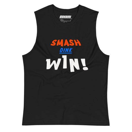 Unisex Smash Dink Win Pickleball Tank from OOKAMI SPORTS, showing bold 'SMASH,' 'DINK,' and 'WIN' text in vibrant colors.