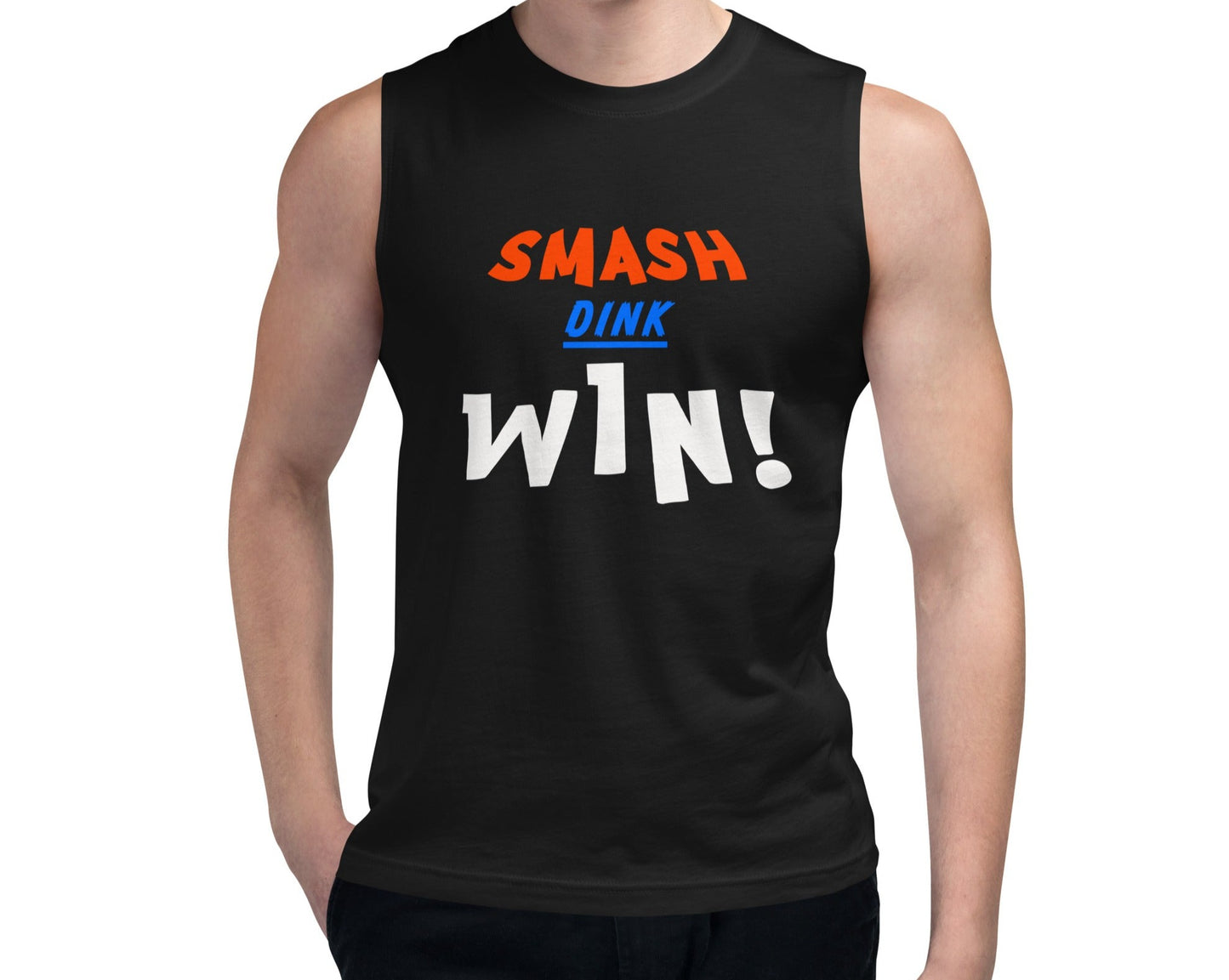 Model wearing the Unisex Smash Dink Win Pickleball Tank from OOKAMI SPORTS, featuring bold 'SMASH,' 'DINK,' and 'WIN' text in vibrant colors.