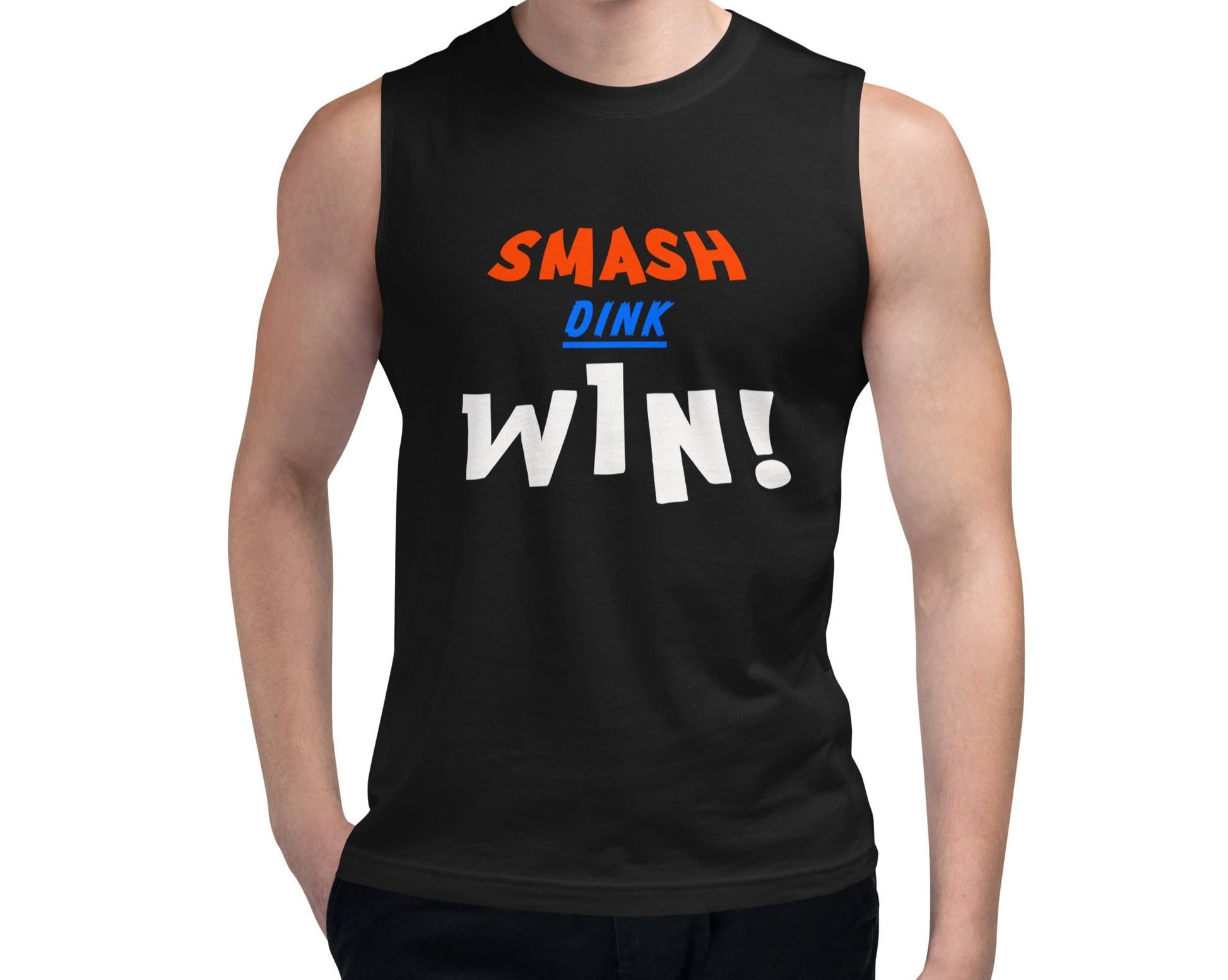 Model wearing the Unisex Smash Dink Win Pickleball Tank from OOKAMI SPORTS, featuring bold 'SMASH,' 'DINK,' and 'WIN' text in vibrant colors.