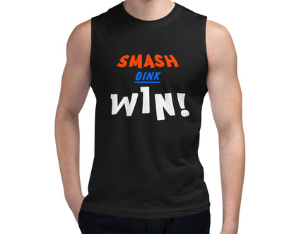 Model wearing the Unisex Smash Dink Win Pickleball Tank from OOKAMI SPORTS, featuring bold 'SMASH,' 'DINK,' and 'WIN' text in vibrant colors.