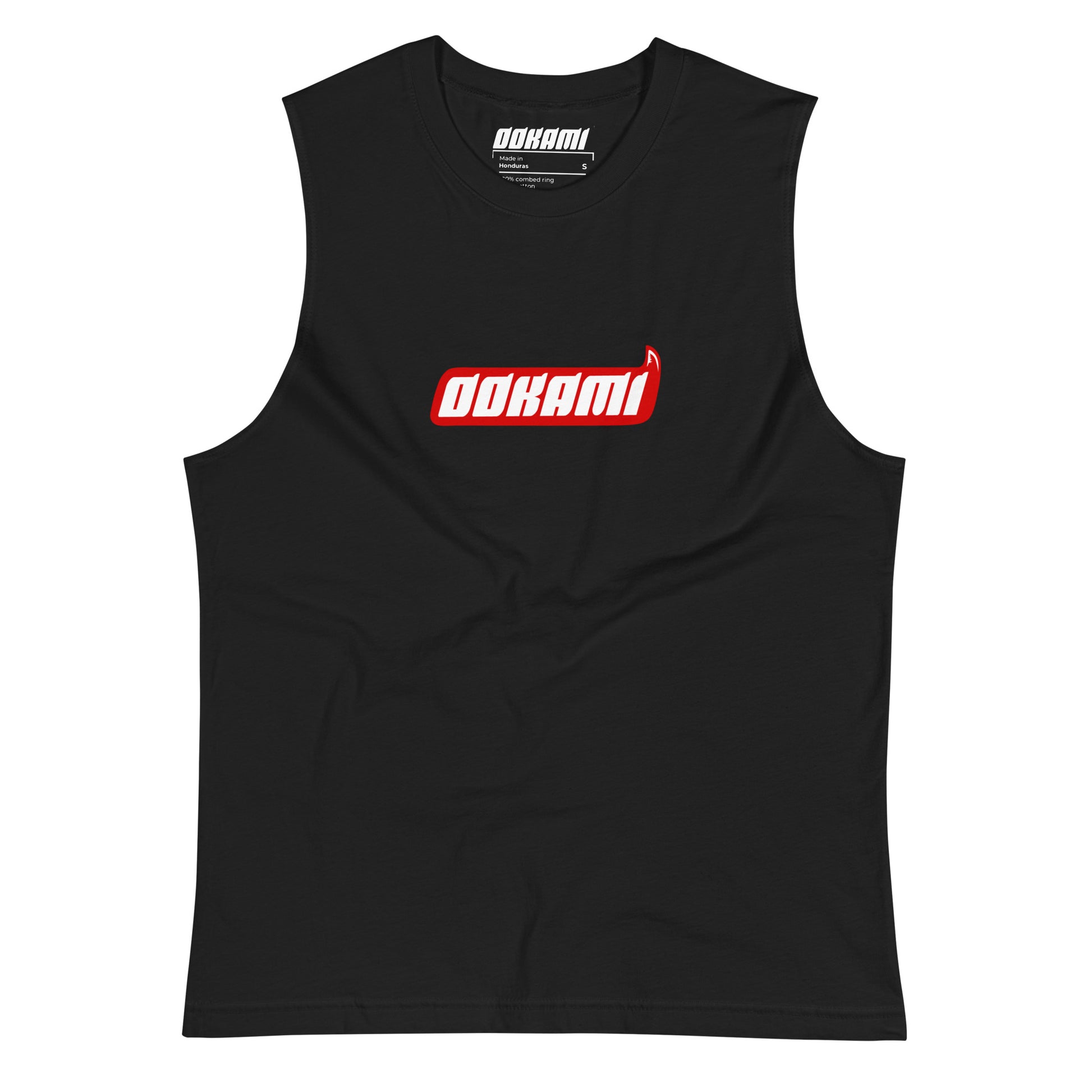 Black OOKAMI Logo Muscle Tank from OOKAMI SPORTS, featuring a bold red OOKAMI logo on the chest.