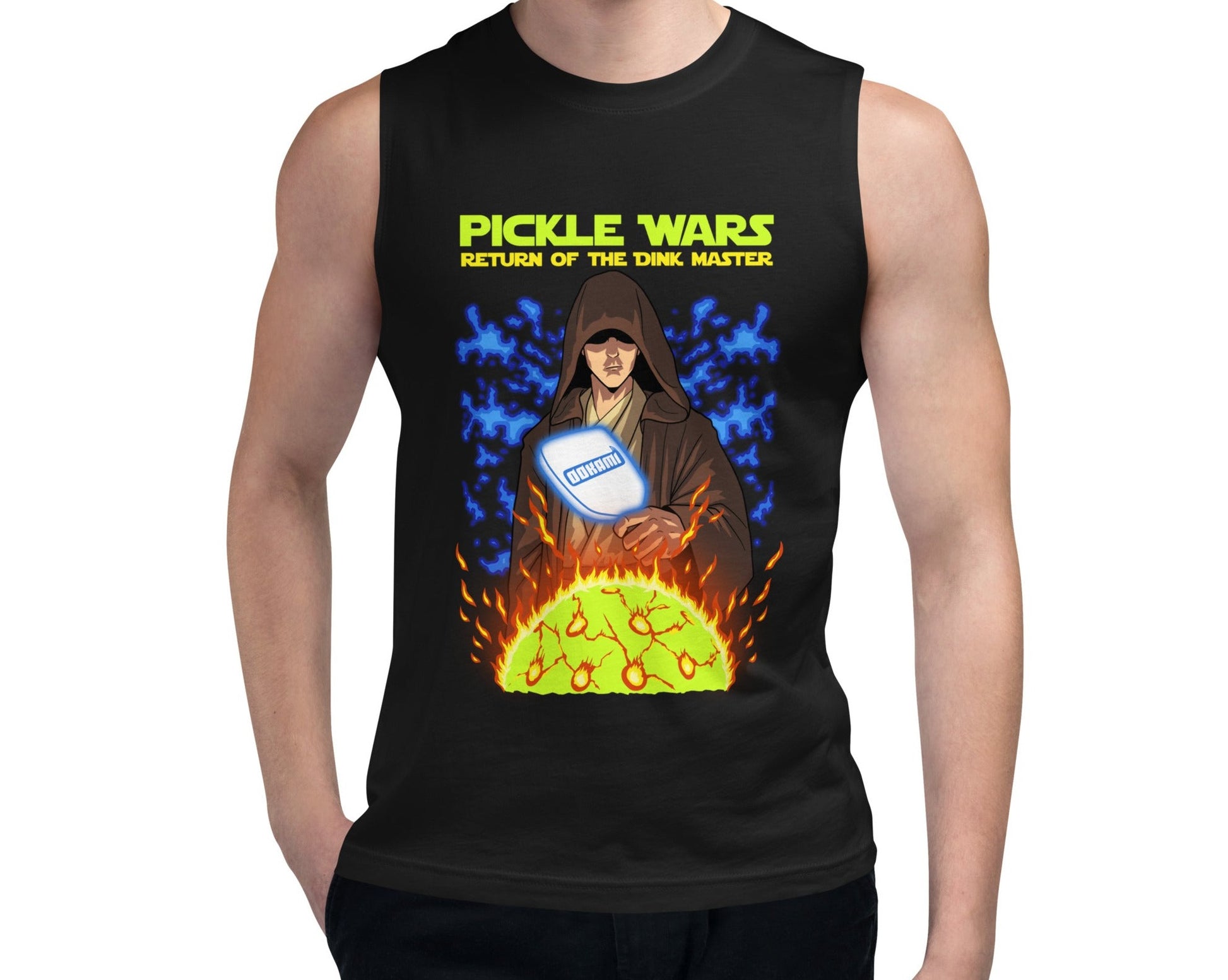 Model wearing the Pickle Wars: Return of the Dink Master Tank from OOKAMI SPORTS, featuring a graphic of a pickleball master with a paddle and a flaming ball.