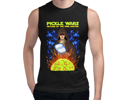 Model wearing the Pickle Wars: Return of the Dink Master Tank from OOKAMI SPORTS, featuring a graphic of a pickleball master with a paddle and a flaming ball.