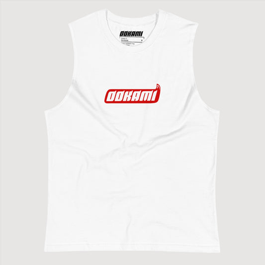 White OOKAMI Logo Muscle Tank from OOKAMI SPORTS, featuring a bold red OOKAMI logo on the chest.