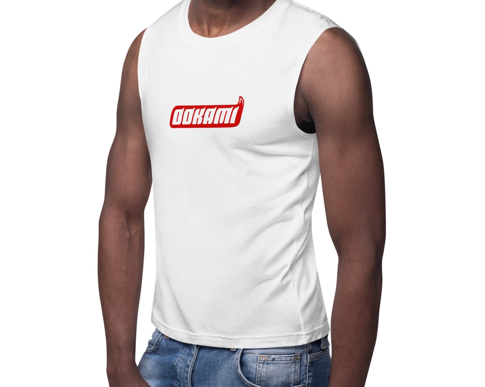 Model wearing the OOKAMI Logo Muscle Tank featuring the bold red OOKAMI logo on the chest.
