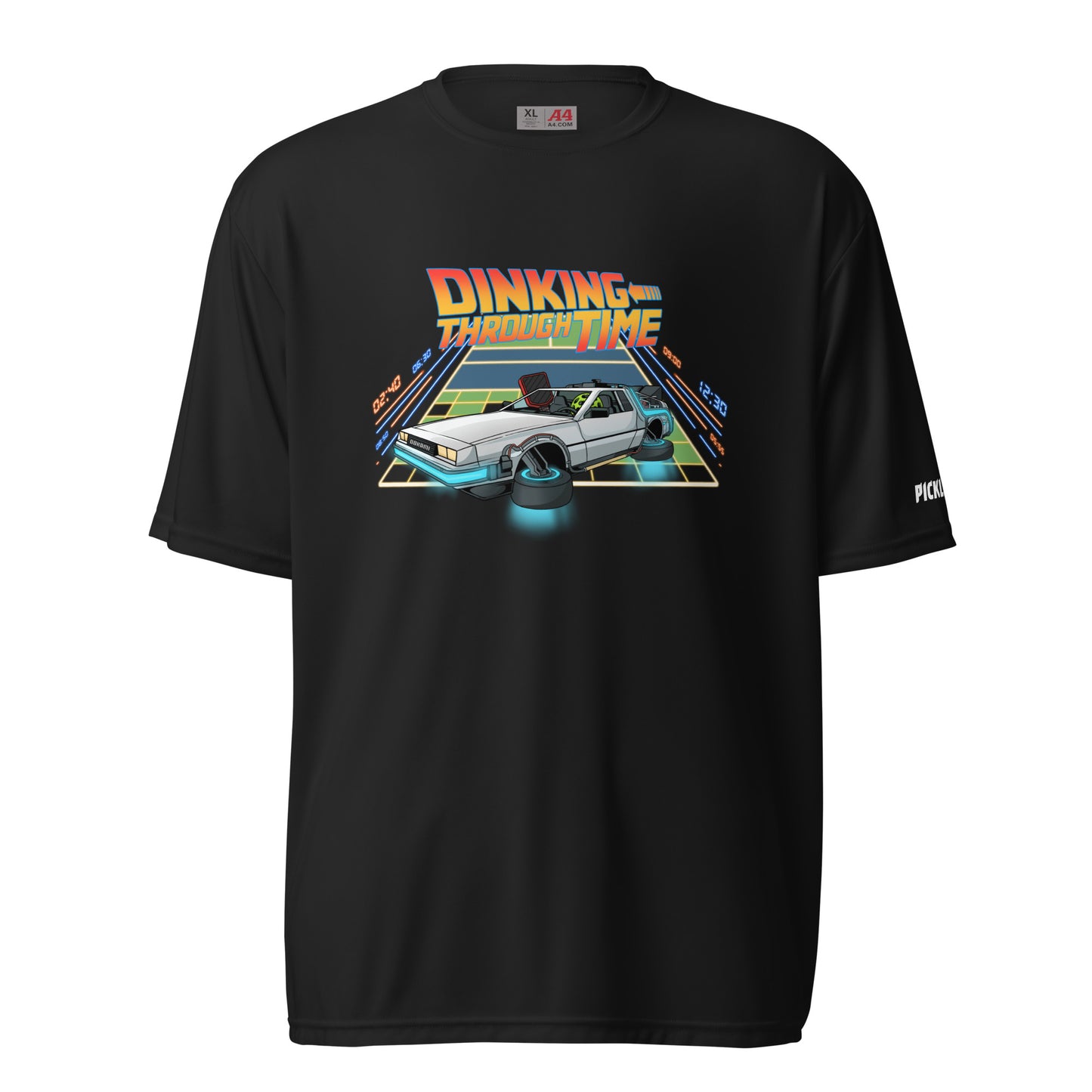 Front view of a black unisex pickleball performance shirt with 'Dinking Through Time' design by OOKAMI SPORTS.