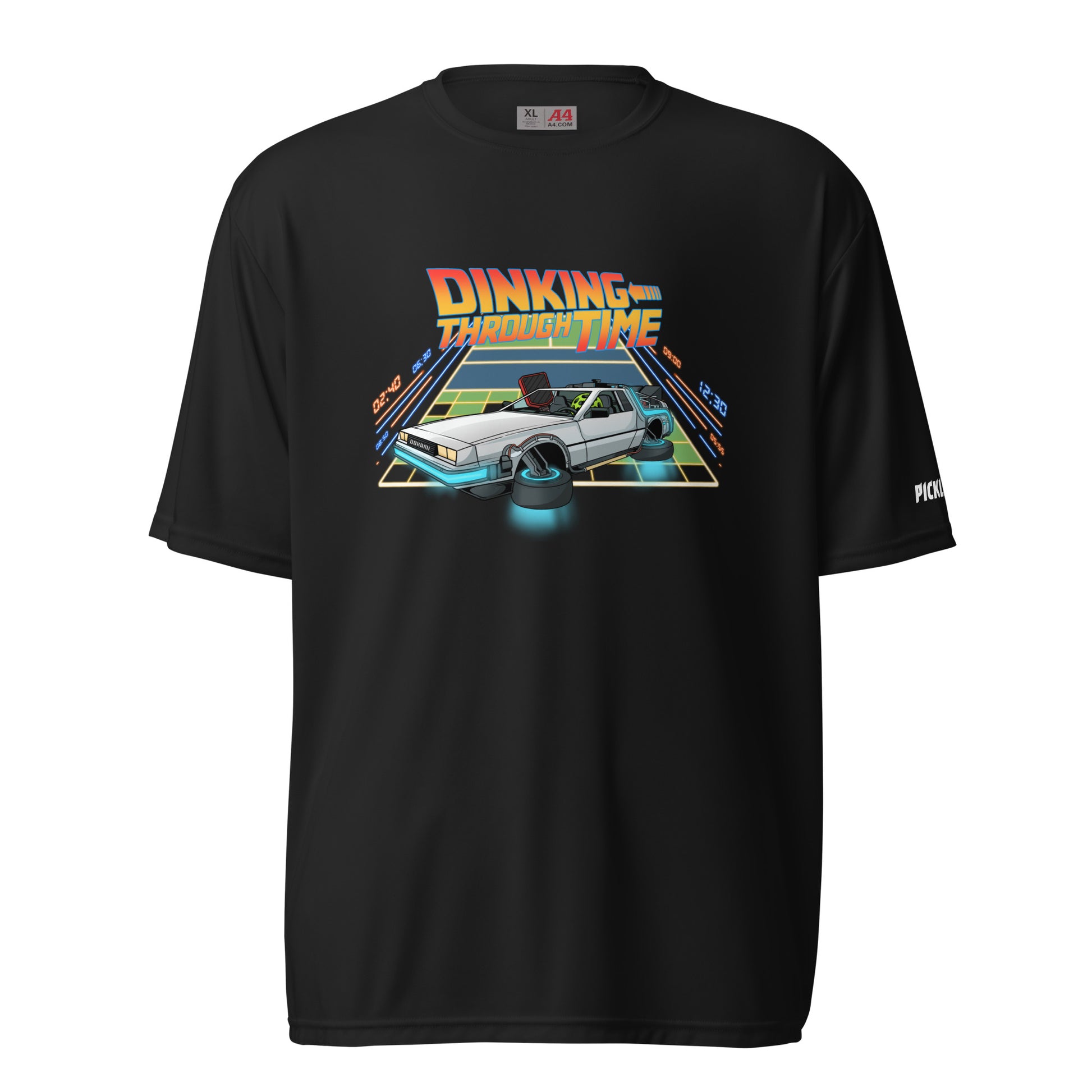 Front view of a black unisex pickleball performance shirt with 'Dinking Through Time' design by OOKAMI SPORTS.