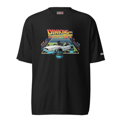 Front view of a black unisex pickleball performance shirt with 'Dinking Through Time' design by OOKAMI SPORTS.